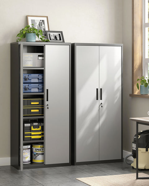 Rootz Storage Cabinet - Metal Cabinet - Organizer - Powder-coated Steel - Heavy Duty - Spacious - Silver-Black - 40cm x 80cm x 180cm