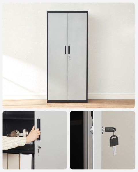 Rootz Storage Cabinet - Metal Cabinet - Organizer - Powder-coated Steel - Heavy Duty - Spacious - Silver-Black - 40cm x 80cm x 180cm