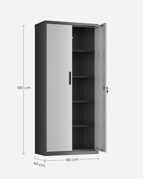 Rootz Storage Cabinet - Metal Cabinet - Organizer - Powder-coated Steel - Heavy Duty - Spacious - Silver-Black - 40cm x 80cm x 180cm