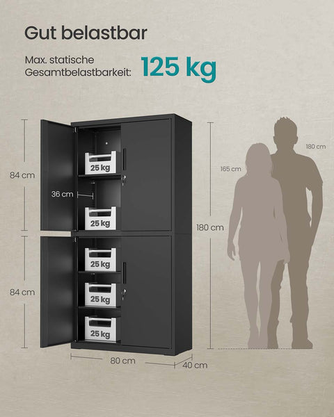 Rootz Steel Storage Cabinet - Filing Cabinet - Organizer - Max Space Efficiency - 40 x 80 x 180 cm - Matt Black