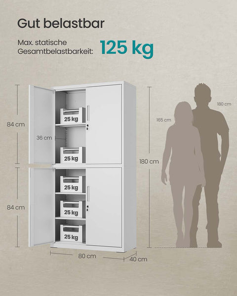 Rootz 4 Door Storage Cabinet - Steel Locker - Filing Cabinet - Durable & Spacious - 40 x 80 x 180 cm - Matt Gray