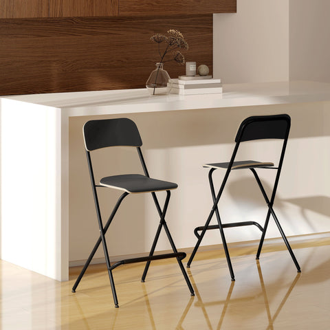 Rootz 2 Set Bar Stools - Foldable Bar Chairs - Black Kitchen Seating - Space-Saving Design - 52cm x 48cm x 96cm