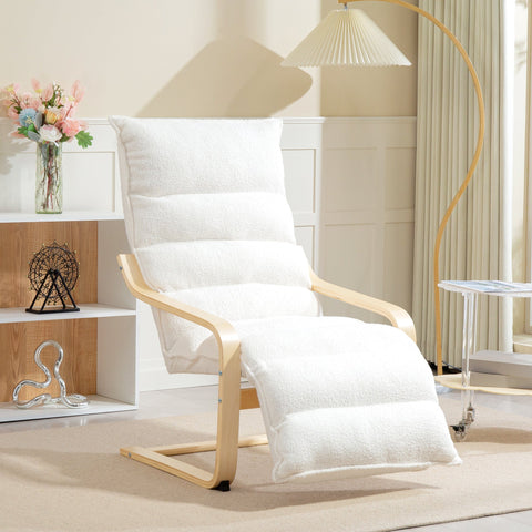 Rootz Lounge Armchair - Upholstered Armchair - Reading Chair - Adjustable Footrest - Birch Wood - 67cm x 93-114cm x 105cm - White