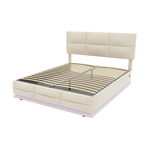 Rootz Double Bed with LED - Velvet Bed Frame - USB Charger - Ample Storage - 208.5cm x 164cm x 105-115cm