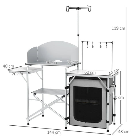 Rootz Camping Kitchen - Outdoor Kitchen - Uv Protection - Table Top - 3-sided - Carry Bag - Aluminum - 600d Oxford Fabric - Silver -  144L x 48W x 119H cm