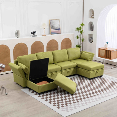 Rootz U-Shaped Sofa - Modular Sofa - Convertible Sofa - High Comfort Linen Fabric - 280x140x85cm with Storage Compartments