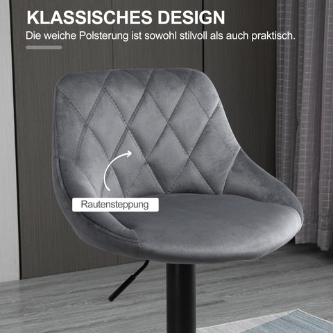 Rootz Set of 2 Bar Stools - Height Adjustable Chairs - Swivel Seats - Velvet Upholstery - Ergonomic Comfort - 46x48x83-104cm, Grey