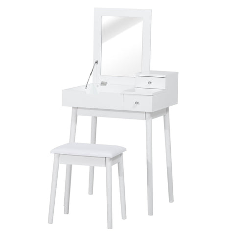 Rootz Dressing Table Set with Stool - Vanity Desk - Makeup Station - Foldable Mirror & Storage - MDF & Pine - 60cm x 50cm x 86cm
