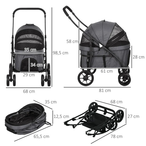 Rootz Dog Buggy - 2 Safety Leashes - Dog Cart - Foldable - Removable Basket - Rain Cover - Oxford Cloth - Steel - Dark Gray - 81L x 68W x 98.5H cm