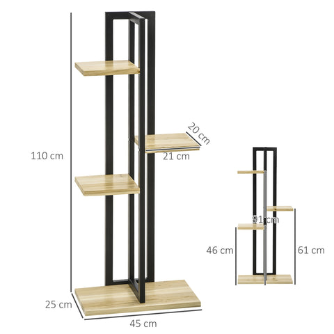 Rootz 4 Floor Plant Stand - Adjustable Flower Stand - Indoor Plant Stairs - Industrial Design - 110 cm High - Black+Natural Wood - 45L x 25B x 110H cm
