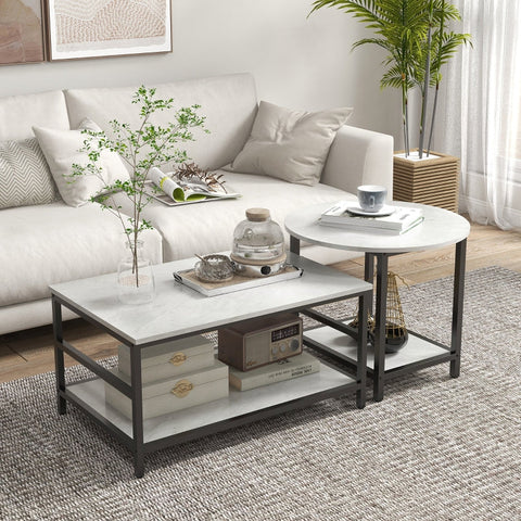 Rootz Marble Look Coffee Tables Set - Side Tables - Living Room Furniture - Steel Frame - 80cm x 54cm x 41cm, 60cm x 60cm x 51cm