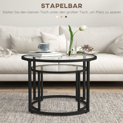 Rootz Set of 2 Side Tables - Industrial Design - Stackable Tables - Space-Saving - Durable & Easy to Clean - Stable Base - Ø70 x 47.5H cm (Large) & Ø54 x 42.5H cm (Small) - Steel & Tempered Glass