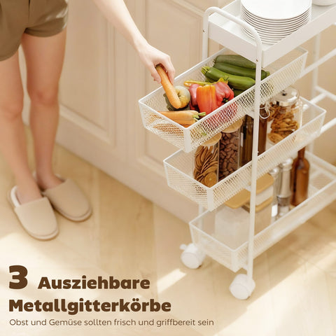 Rootz Metal Kitchen Trolley White - Storage Cart - Organizer Rack - Slim Design, 3 Baskets, 4 Wheels, Space-Saving, 43.2x19x80 cm