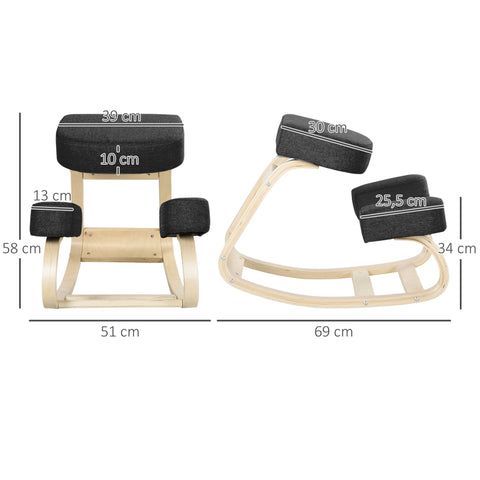 Rootz Knee Chair - Ergonomic Seat Stools - Upholstered Stools - Healthy Seating - Birch Wood - 120kg Capacity - Black - 51cm x 69cm x 58cm