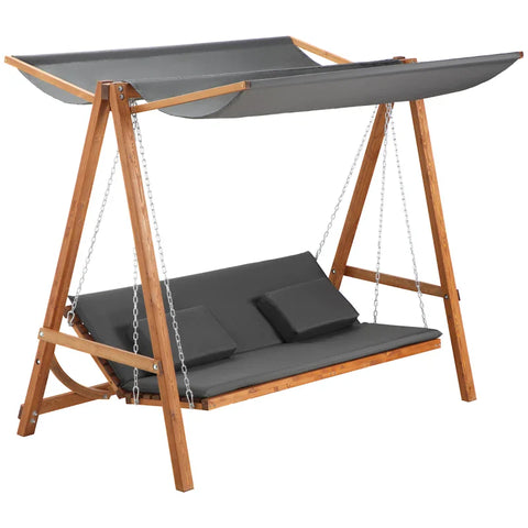 Rootz Hollywood Swing With Bed Function - 3-seater Garden Swing With Roof - Hollywood Lounger - Garden Lounger - Pine Wood - Polyester - Gray + Teak - 225.5 x 113 x 180 cm
