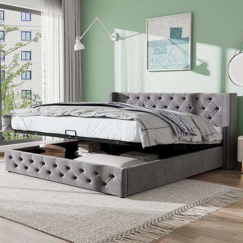 Rootz Upholstered Bed with Hydraulic Storage - Chesterfield Bed - Velvet Bed - Max Storage - 209cm x 149.5cm x 94.5cm - Gray