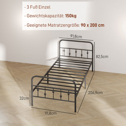 Rootz Metal Single Bed Frame - Black Bedstead - Quiet Frame - Easy Assembly - 206.9cm x 91.8cm x 82.5cm - 32cm Storage Space