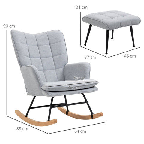 Rootz Rocking Chair with Ottoman - Scandi Design - Beech Wood - Comfortable Padding - Stylish - Durable - 64cm x 89cm x 90cm - Gray