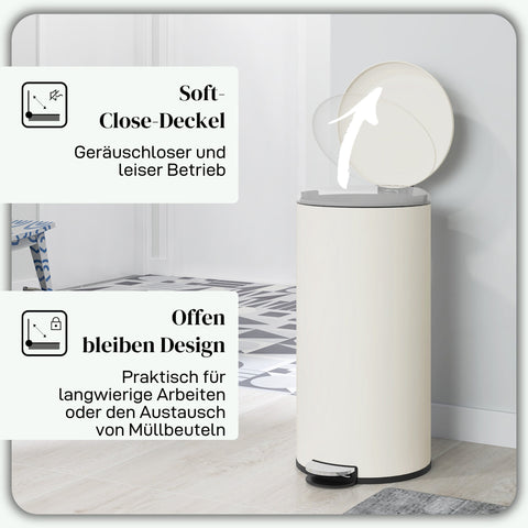 Rootz Trash Can 30L - Pedal Bin - Stain Resistant Bin - Hands-Free Use - 36cm x 30cm x 63.5cm - White