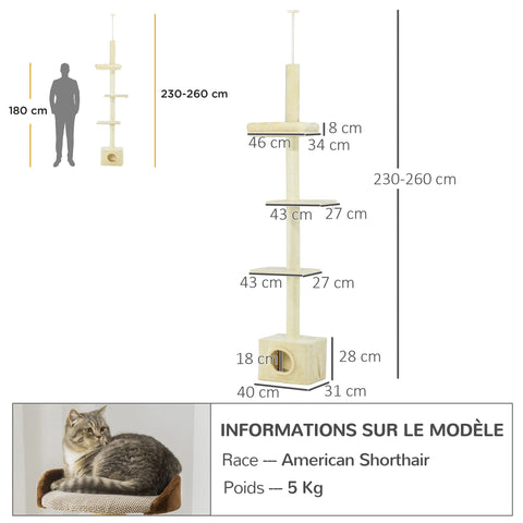 Rootz Scratching Tree Sisal Stem - Cat Tower - Activity Playhouse - Height Adjustable - 4 Levels - 40b x 31t x 230-260H cm