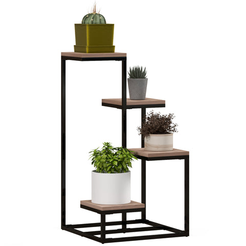 Rootz Industrial Plant Shelf - Flower Stand - Metal and Wood Display - 4 Levels - Sturdy and Stylish - 40cm x 40cm x 75.5cm