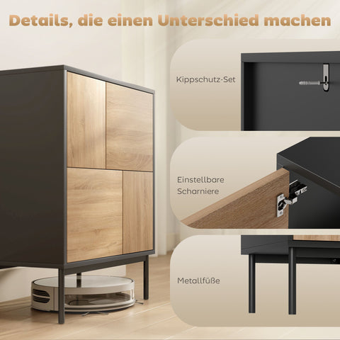 Rootz Sideboard Cabinet - Storage Cupboard, Buffet Console - Push-to-Open, Easy Access, Sturdy Metal Legs - Black & Natural Wood - 60x35x78 cm