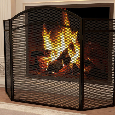 Rootz Fireplace Spark Protection Grille - Herringbone Pattern - Three-Part Folding Design - Coated Metal - 96cm x 60cm x 1cm