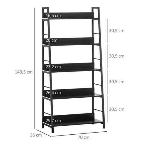 Rootz Bookcase Shelf - Industrial Storage - 5 Level Shelving Unit - Optimizes Space - 70L x 35B x 149.5H cm - Black