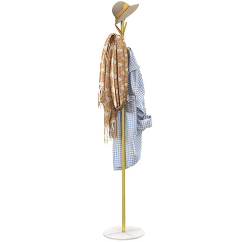 Rootz Wardrobe Stand - Cloakroom Stand - Coat Rack - 8 Hooks - Marble Base for Stability - Ø 32 x 164h cm - Gold & White Elegance