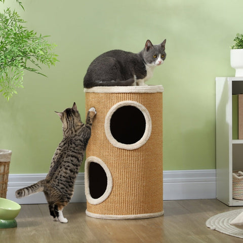 Rootz Cat Tower Barrel - Multi-Level Cat Activity Center - Scratching Posts - Plush Padded Corners - Sisal Exterior - Brown&Beige - 35cm x 60cm