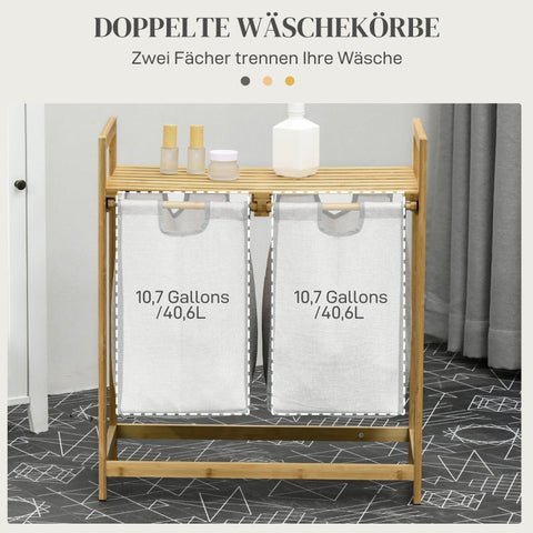 Rootz Laundry Collector with Two Spacious Baskets - Laundry Sorter - Bamboo Frame - Top Shelves - 64cm x 33cm x 73cm