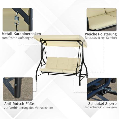 Rootz 3 Seat Swing Bench - Porch Swing - Garden Swing - Sun Protection - Converts Day Bed - 195cm x 117cm x 175cm