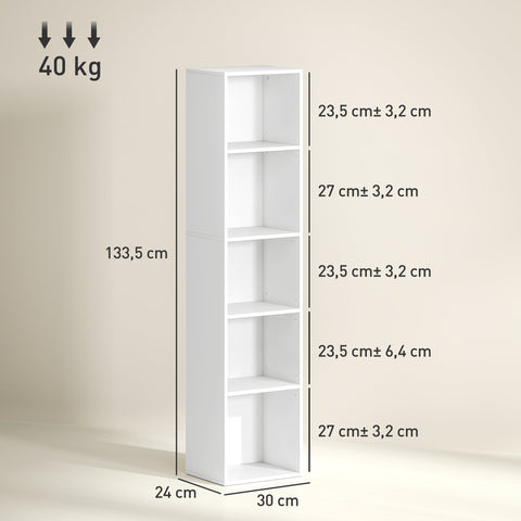 Rootz White Bookshelf - 5-Tier Shelf - Adjustable Storage - Flexibility in Organization - 30 x 24 x 133.5 cm