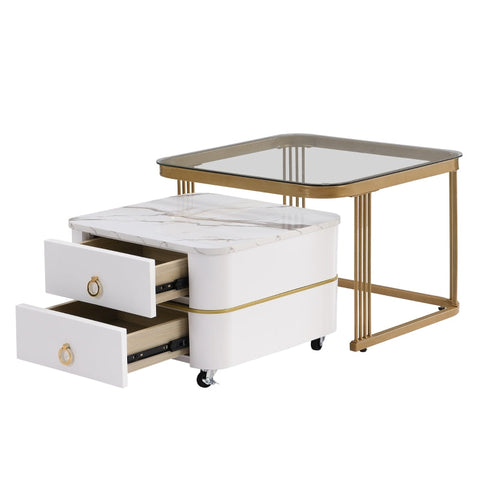 Rootz 2 Piece Coffee Table Set - Stackable Tables - Modular Furniture - High Gloss Marble Look, Glass Top - 60x60x42cm & 50x50x34cm