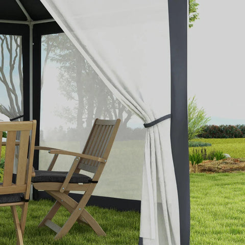 Rootz Gazebo - Garden Pavilion - Hexagonal - Ground Spikes - Mesh Curtains - Metal Frame - Polyester - Metal - Dark Gray - L394 x W341.2 x H250 cm