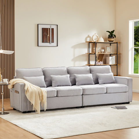 Rootz 4-Seater Linen Sofa - Modern Couch - Comfortable Seating - Adjustable Lumbar Cushions - 264x83x87 cm - Gray