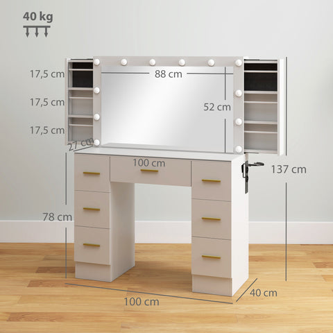 Rootz Dressing Table with Mirror - Vanity Table - Makeup Desk - 12 LED Lights - White Chipboard - 7 Drawers - 100cm x 40cm x 137cm