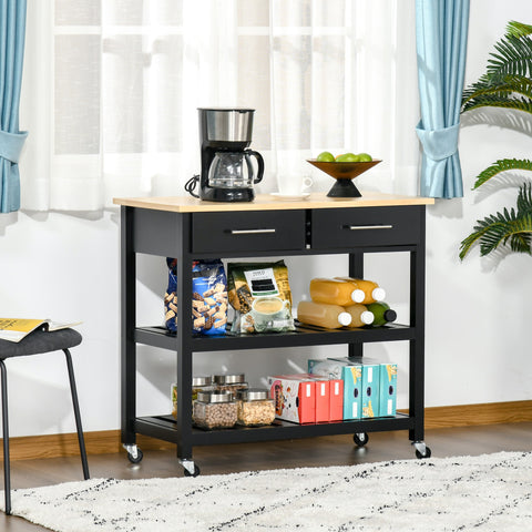 Rootz Serving Trolley - Kitchen Cart - Utility Cart - 2 Shelves, 2 Drawers, 4 Wheels - 91.4cm x 45.6cm x 85cm - Black, Brown