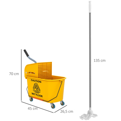 Rootz Cleaning Trolley 20L – Janitor Cart – Mop Bucket – Easy Maneuver – 45 x 26.5 x 70 cm – Yellow – Includes Press & Mop