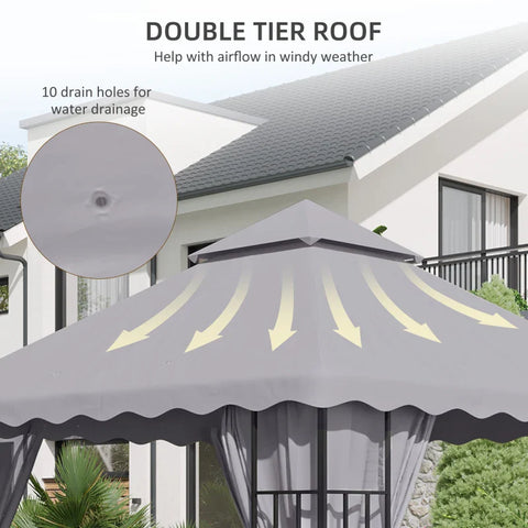 Rootz Gazebo Replacement Roof - Ventilation Canopy - Water Drainage - Holes Polyester - Light Gray - 295L x 295W cm