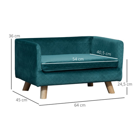 Rootz Pet Sofa Bed - Dog Sofa - Cat Bed - Fluffy Cushion - Scandinavian Design - 64 x 45 x 36 cm - Velor Blue