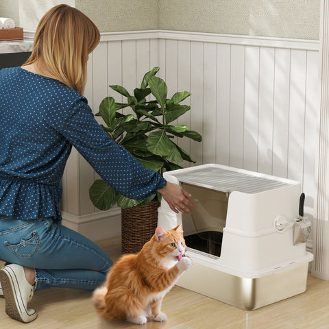 Rootz Stainless Steel Cat Toilet - Litter Box - Kitty Lavatory - Scratch-Resistant - XL Interior with Shovel - 60.2cm x 40.2cm x 44.5cm