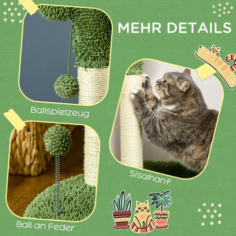 Rootz Cat Tree - Cactus Design - Cat Scratching Post - Cat Activity Center - Durable Chipboard - Soft Fabric Cover - 2 Play Balls - 49cm Base x 111cm Height