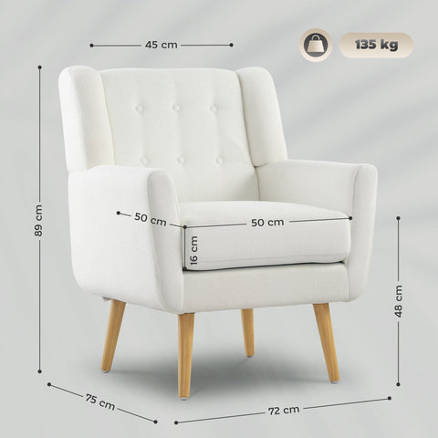 Rootz Wing Chair - Armchair - Upholstered Armchair - Maximum Comfort - 72x75x89cm - White