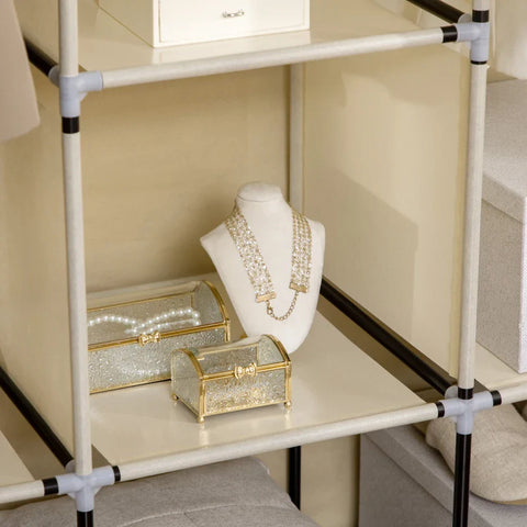 Rootz Stoffenkast - Kastopslagoplossing - 8 Planken - 2 Kledingroedes - Vliesstof - Kunststof - Beige - 125L x 43W x 162,5H cm