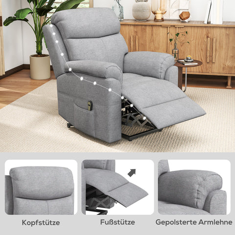Rootz Grey Electrical Up Armchair - Recliner Chair - Standing Aid Chair - Linen Look - Massaging Comfort - 83cm x 89cm x 102cm
