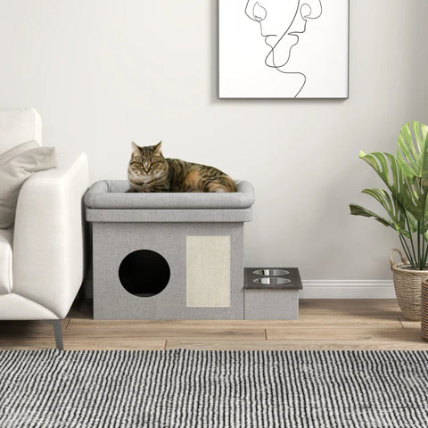Rootz Cat House - Feeding Place - 2 Stainless Steel Bowls - Scratching Mat - Soft Lounger Cushion - Gray - 78 x 48 x 49.5 cm