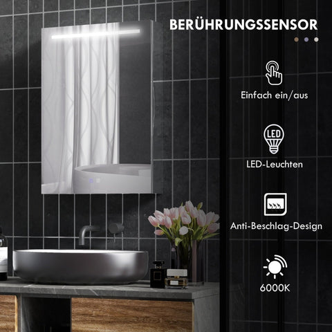 Rootz LED Illuminated Anti-Fog Bathroom Mirror Cabinet - Medicine Cabinet - Wall-Mounted Storage - Intelligent Touch Control - Space-Saving Design - 50x13x70cm - Stainless Steel Frame - Silver