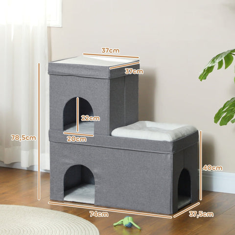 Rootz Cat House - Cat Cave Bed - Cozy Cat Condo - Soft Cushion - Dual Apartments - 74cm x 37.5cm x 78.5cm