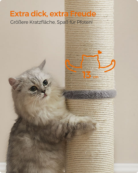 Rootz Dove Gray Scratching Post - Cat Tree - Sisal Rope - MDF - Plush - 50cm x 40cm x 85cm - Lightweight 5kg